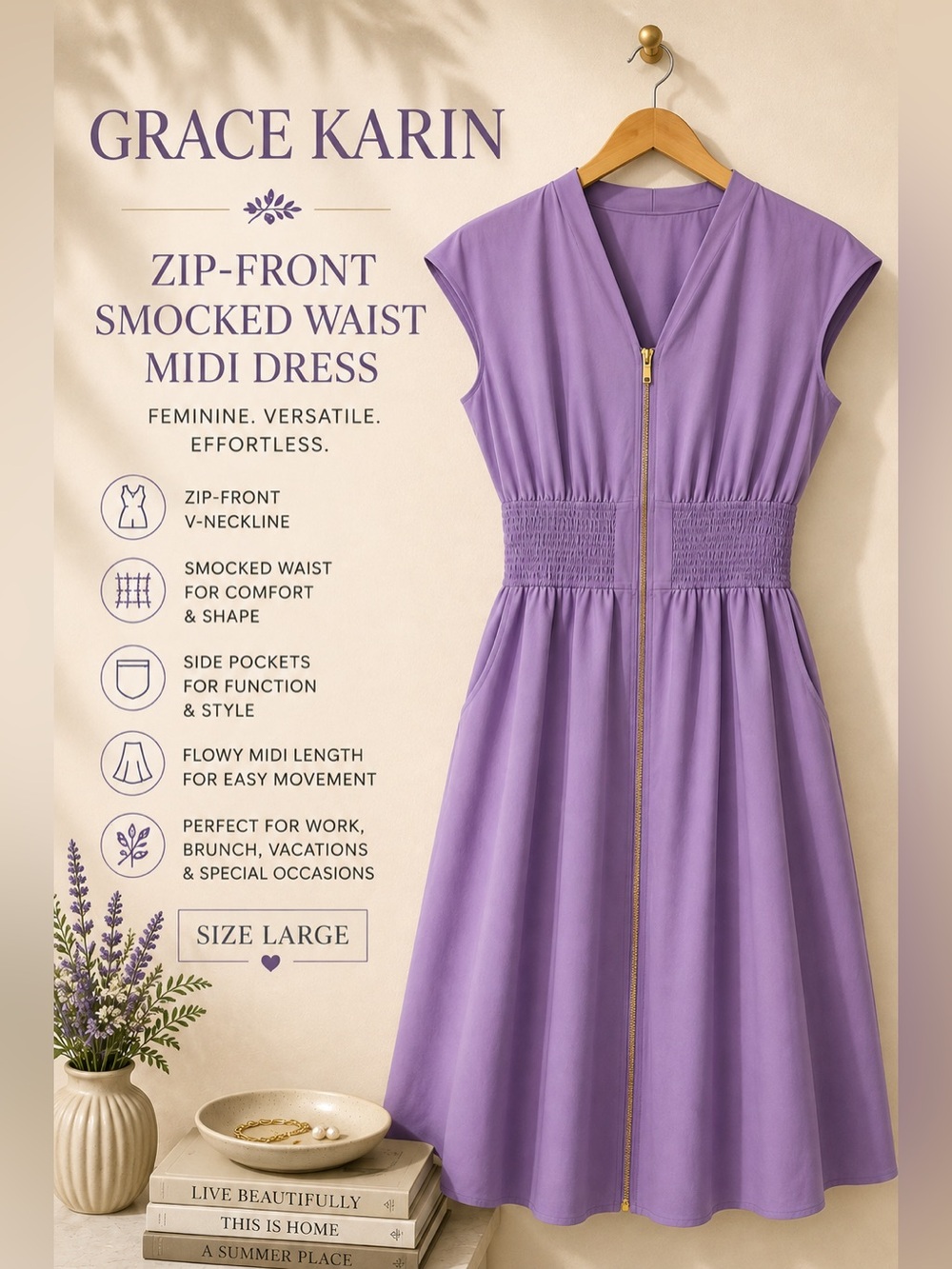 Grace Karin Lavender Purple Gold Zip-Front Smocked Waist Midi Dress
